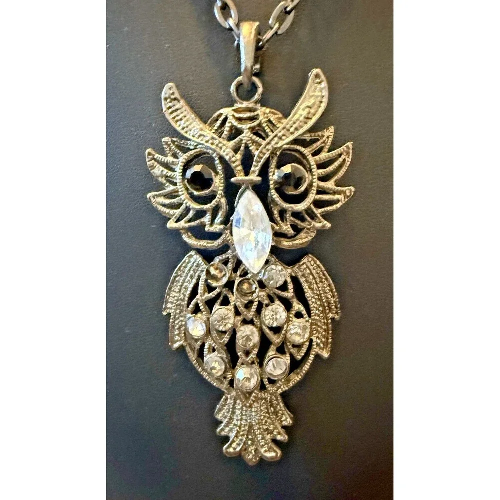 Vtg Owl Necklace Articulated Gun Metal Tone Rhinestone Eyes and Body 34